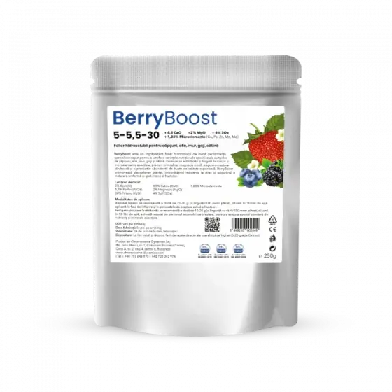 Ingrasamant foliar hidrosolubil pentru capsuni, afin, mur, goji, catina, 5-5,5-30 8,5%CaO+2%MgO+4%SO3 + 1,25% Microelemente (Cu, Fe, Zn, Mn, Mo), BerryBoost, 250 g Preț redus