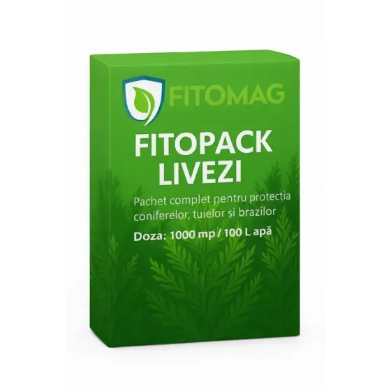 Ofertă de sezon Pachet Fitopack ingrijire conifere, tuia, brazi, molizi, 1000 mp, doza pentru 100 litri apa