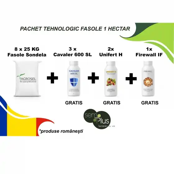 Retur ușor Pachet tehnologic complet pentru 1 HECTAR DE FASOLE (200 kg de fasole + 3 litri Biopreparat auxiliar Cavaler + 2 litri ingrasamant foliar Unifert + 1 litru insecticid Firewall