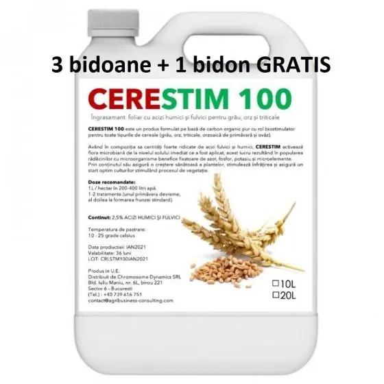 Pachet promotional Ingrasamant foliar cu carbon organic pentru grau, orz, triticale, Cerestim 100, 10 l, 3+1 GRATIS Mai ieftin
