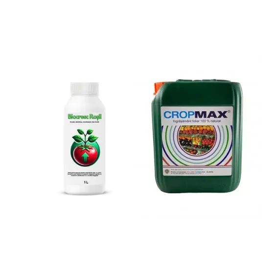 Pachet tratament si nutritie tomate/rosii, Stimulator de legare si rodire, Biocresc Rosii, 1 l + Fertilizant foliar natural, universal Cropmax, 20 l Cel mai bun preț