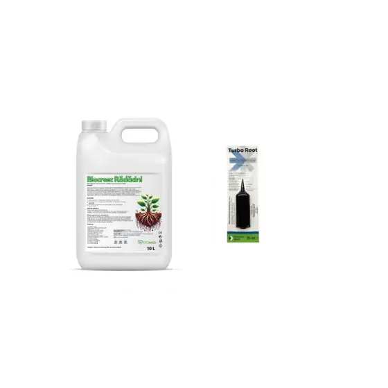Pachet inradacinare rasaduri Biostimulator pentru butasi si arbusti fructiferi Biocresc Radacini, 10 l + Biostimulator Turbo Root, 25 ml Retur ușor