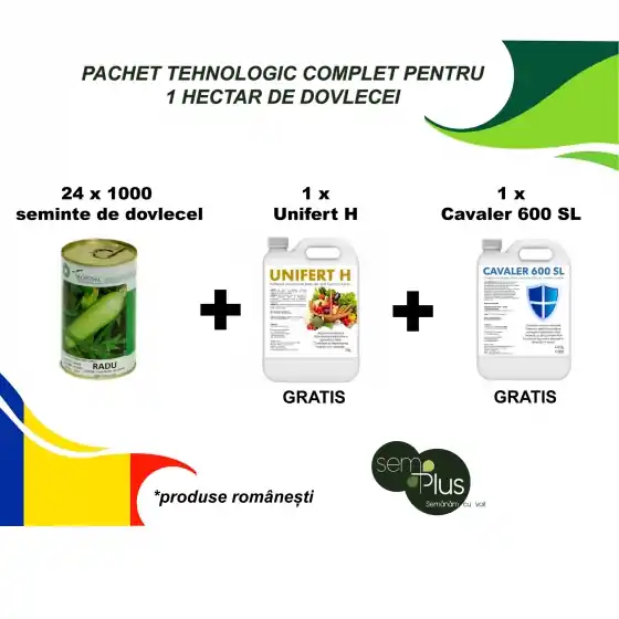 Reducere extra Pachet tehnologic complet pentru 1 HECTAR DE DOVLECEI (24000 seminte de dovlecel + 10 litri de Biopreparat auxiliar Cavaler + 10 litri ingrasamant foliar Unifert)