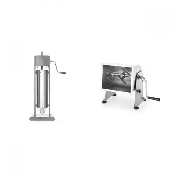 Reducere specială Pachet Aparat profesional pentru umplut carnati, HENDI Smart, 7 lt, sistem umplere cu 2 viteze, inclus set 3 palnii, 30x34x(H)83 cm plus Malaxor manual pentru carne basculant ,otel inoxidabil ,20L,285x550x(H)385