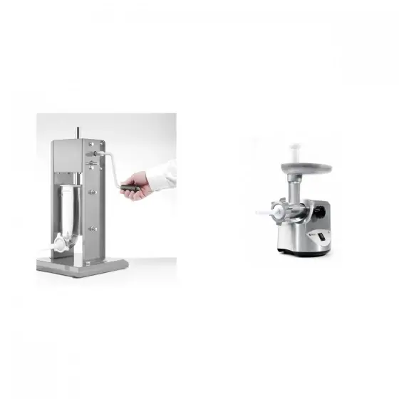 Preț mic Pachet Aparat profesional umplut carnati, HENDI Smart, 3 lt, 2 viteze umplere, 3 palnii incluse plus Masina de tocat carne, 2 discuri taiere incluse 4 si 7 mm, 3 accesorii umplere carnati 12, 15, 20 mm, Hendi 198, corp aluminiu, palnie fonta, 400W