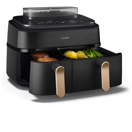 Preț mic Friteuza dubla cu aer cald si abur Philips Airfryer Seria 5000 NA552/00, 2 cosuri, afisaj digital, ecran tactil, 12 programe, 9 litri