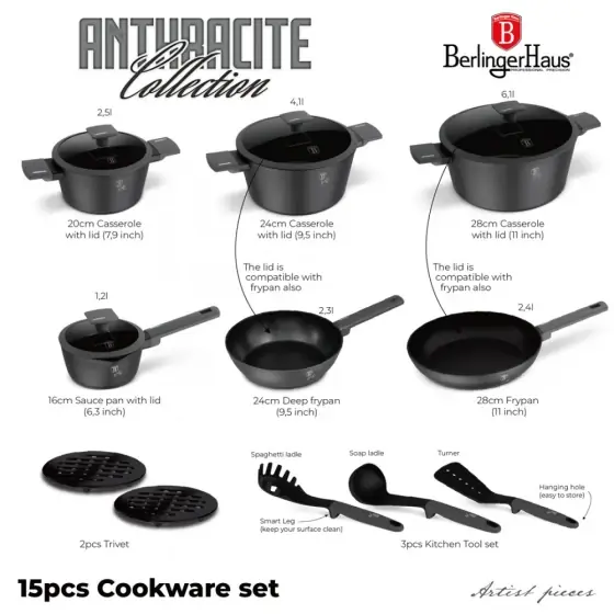Reducere de preț Set vase de gătit 15 piese, colecția Anthracite - BH/8141