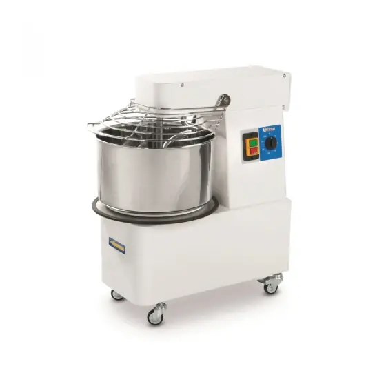 Mixer profesional spirala cu vas fix, 1 viteza, echipat cu roti pivotante vas, capac si spirala din inox 18/10 Hendi 20 litri, capacitate maxima de incarcare 17 kg, 750 W, 385x670x(H)725 mm Noutate
