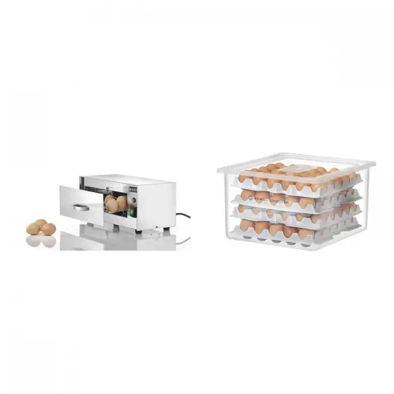 Discount Pachet Sterilizator oua Hendi, 32 W, dezinfectare cu lampi UV, capacitate 10 oua, Argintiu, Inox plus OVOBOX 120 HENDI - recipient oua GN2/3 + 8 tavi pentru oua, 18L, 355x325x(H)200mm
