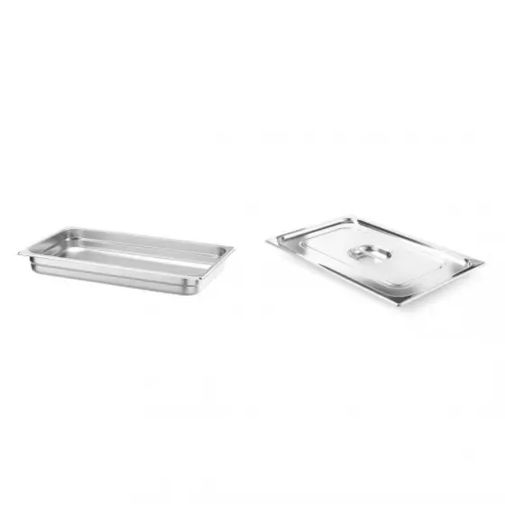 Lichidare de stoc Pachet Tava Gastronorm GN 1/1 65 mm 8.6 litri, gama Hendi Profi Line, otel inoxidabil plus capac Hendi Gastronorm fara fanta pentru lingura servire GN 1/1