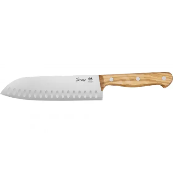 Cutit Santoku Tuscany cu Adancituri - Lama 180mm, Maner Lemn Maslin Retur ușor