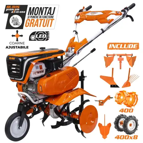 Motosapa RURIS 7500ACC, 7 CP, pachet cu roți cauciuc 4.00-8, rariță, plug, cultivator și roți metalice Ofertă exclusivă