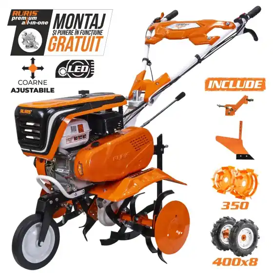 Reducere Motosapa RURIS 7500ACC, 7 CP, cu roti de cauciuc 4.00-8, plug, adaptor si roti metalice 350