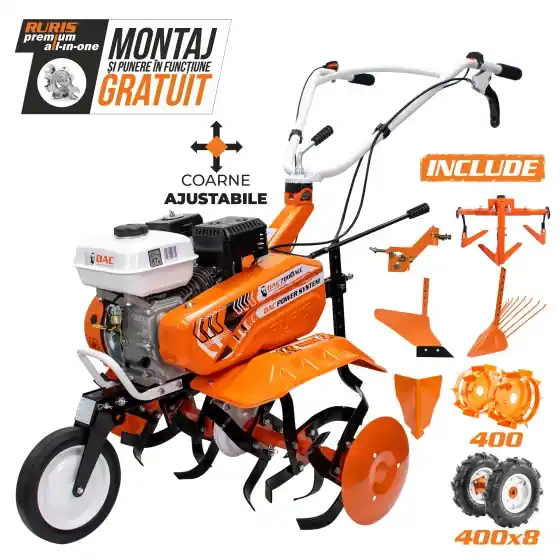 Motosapa DAC 7000ACC3, pachet cu roți cauciuc 4.00-8, rarită, plug, adaptor, dispozitiv scos cartofi, roți metalice 400 fără manicot și cultivator Ofertă