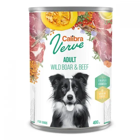 Calibra Dog Verve GF Adult Wild Boar & Beef 400 g conserva Preferatul clienților