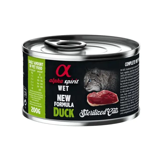 Disponibil imediat Hrană umedă Premium pentru pisică sterilizată Alpha Spirit, cu rață, 200 g